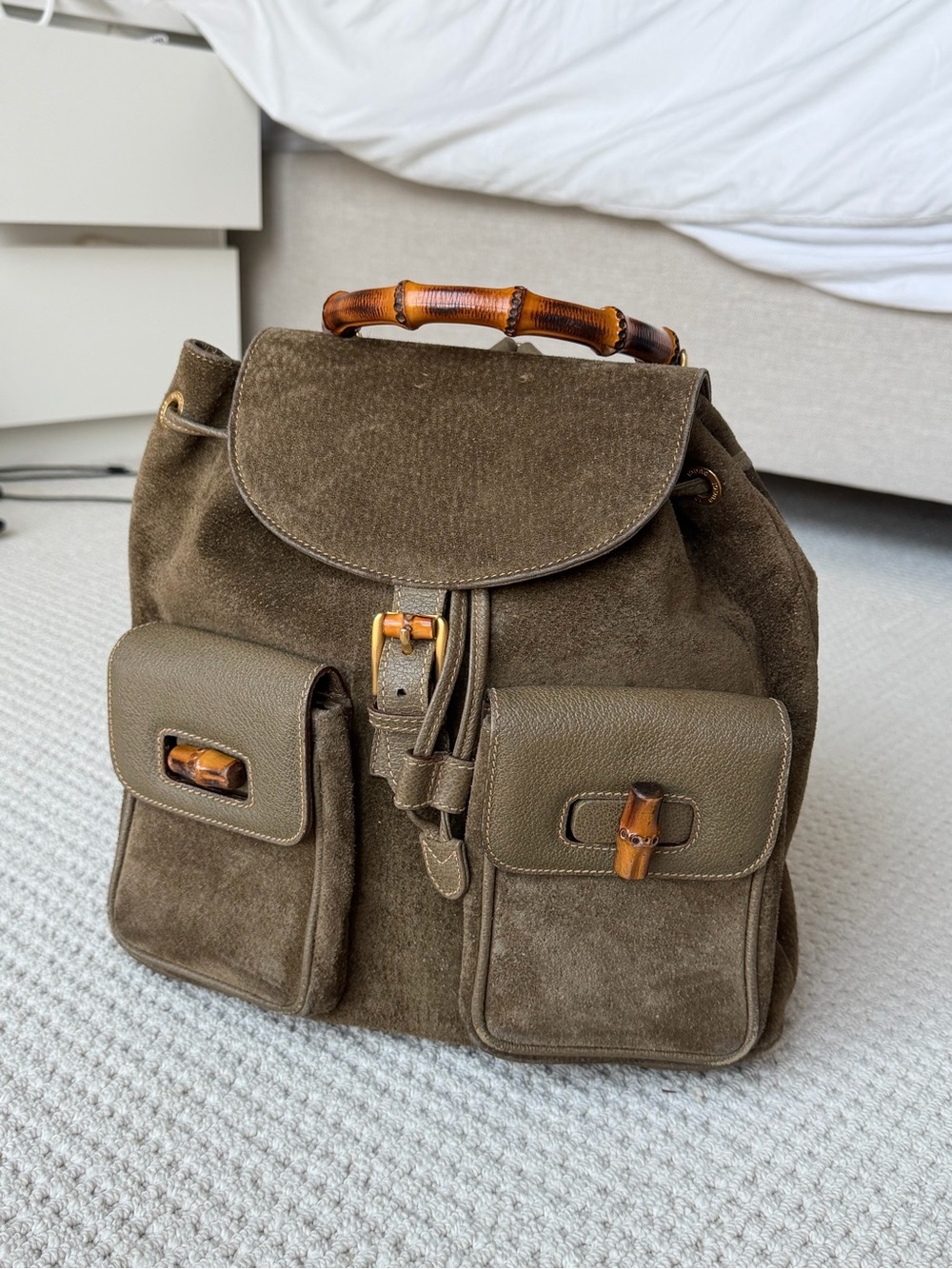 Vintage GUCCI Bamboo Backpack. Olive Green Suede Backpack with Bamboo Accents